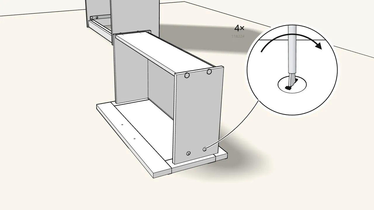 Step 22: Insert 4 cam locks (118224) and turn them clockwise. — IKEA BRIMNES assembly
