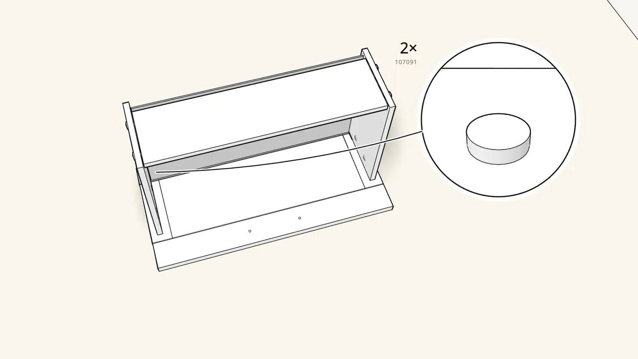Step 23: Stick 2 bumpers (107091) onto the inside of the front. — IKEA BRIMNES assembly