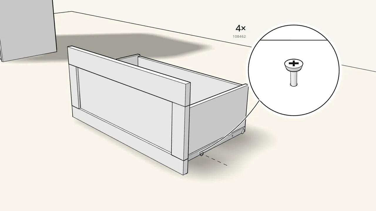 Step 24: Turn the drawer upright. Screw on the 2 runners (130501). — IKEA BRIMNES assembly