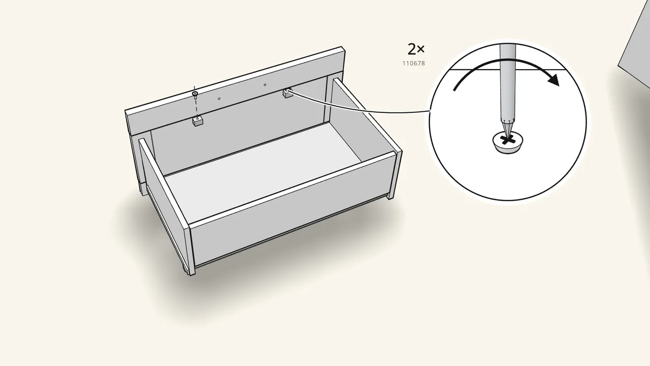 Step 25: Screw on the 2 plastic fittings (110678). — IKEA BRIMNES assembly