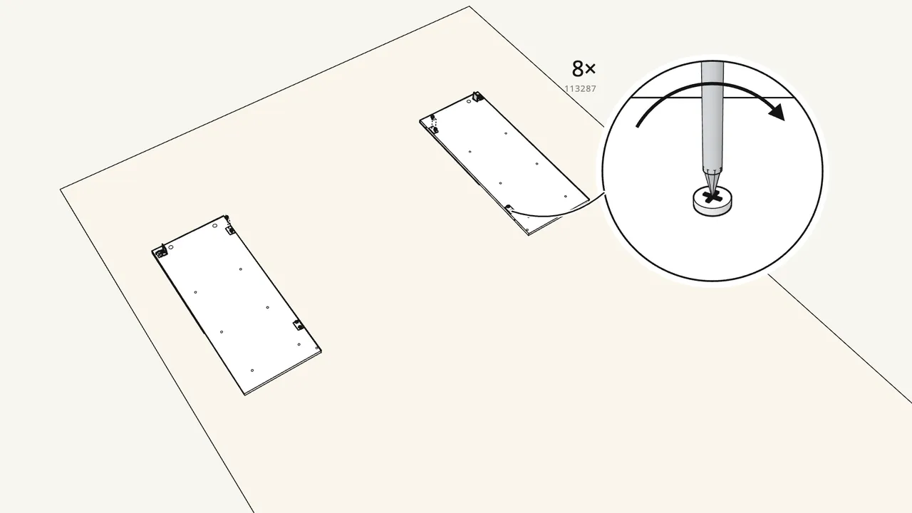 Step 2: Screw the 4 hinge plates (117878) onto the side panels. — IKEA BRIMNES assembly