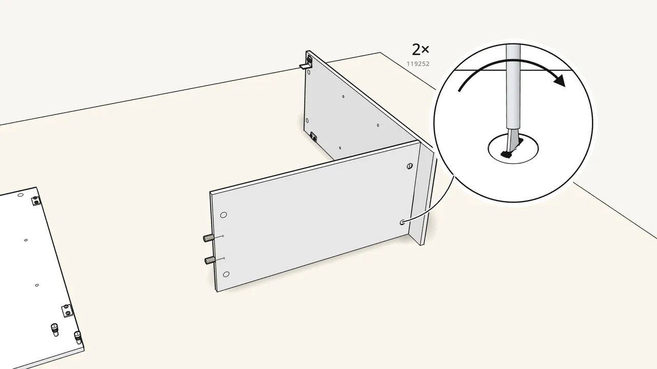 Step 5: Insert 2 cam locks and turn them clockwise to lock. — IKEA BRIMNES assembly