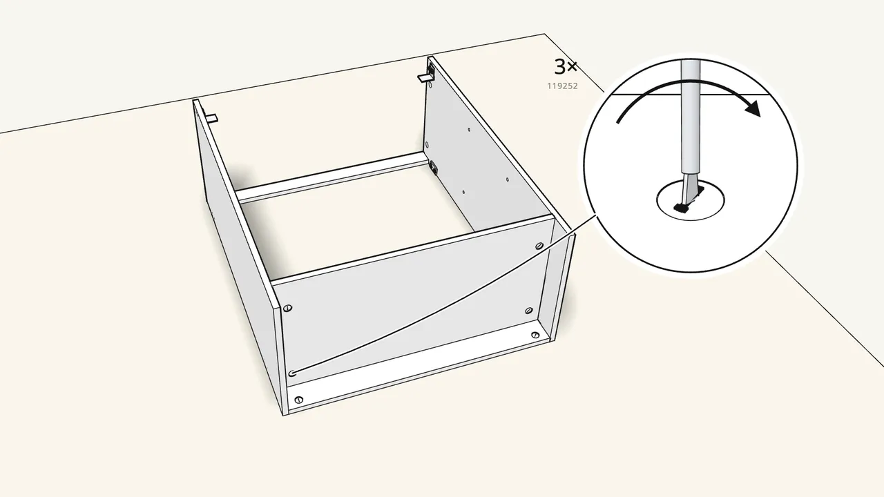 Step 9: Insert 3 cam locks and turn them clockwise. — IKEA BRIMNES assembly