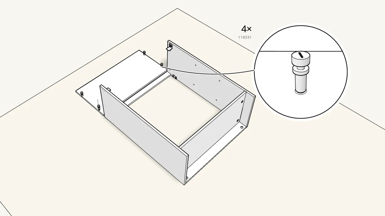 Step 10: Screw 4 cam bolts (118331) into the top panel. — IKEA BRIMNES assembly