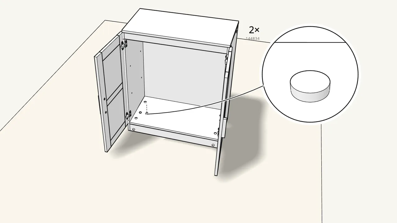 Step 20: Press 2 cover caps into the holes in the bottom panel. — IKEA BRIMNES assembly