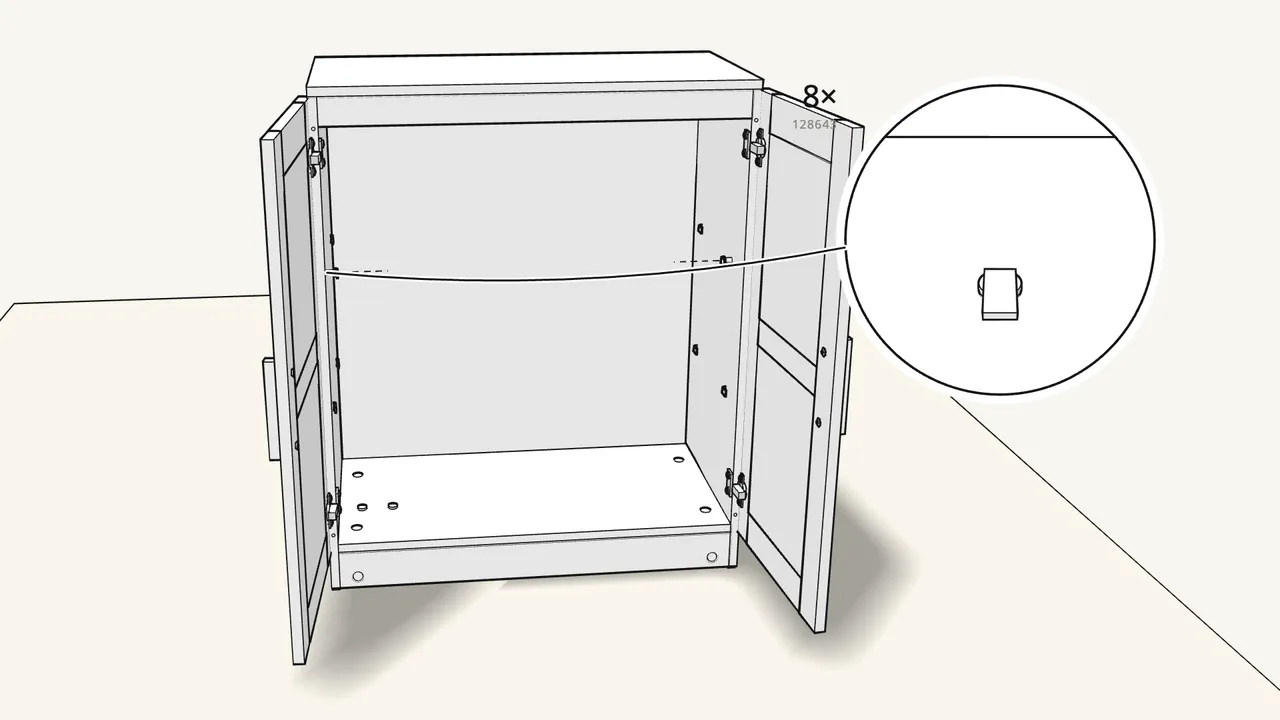 Step 21: Push 8 shelf pins (128643) into the side panels. — IKEA BRIMNES assembly
