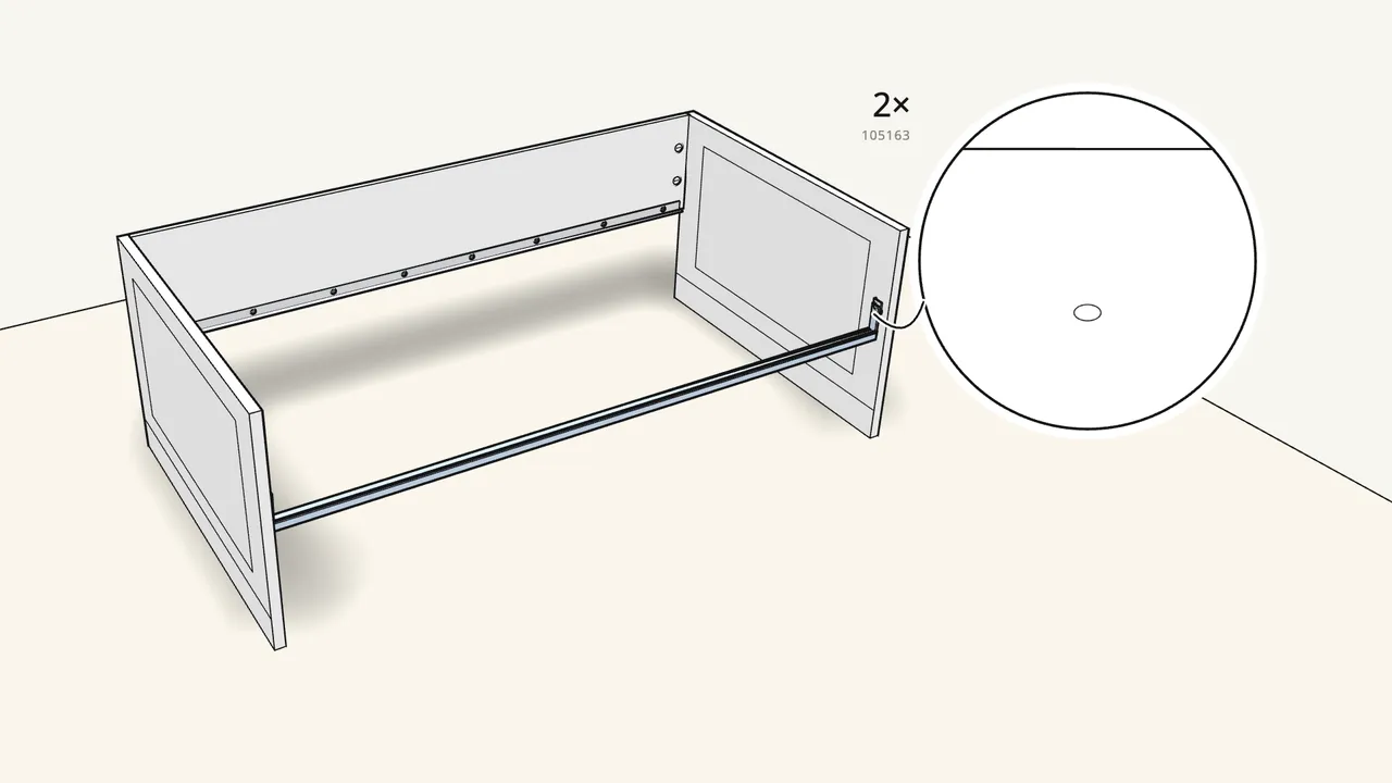Step 15: Screw on 2 brackets (130485) and hang the front bar in them. — IKEA BRIMNES assembly