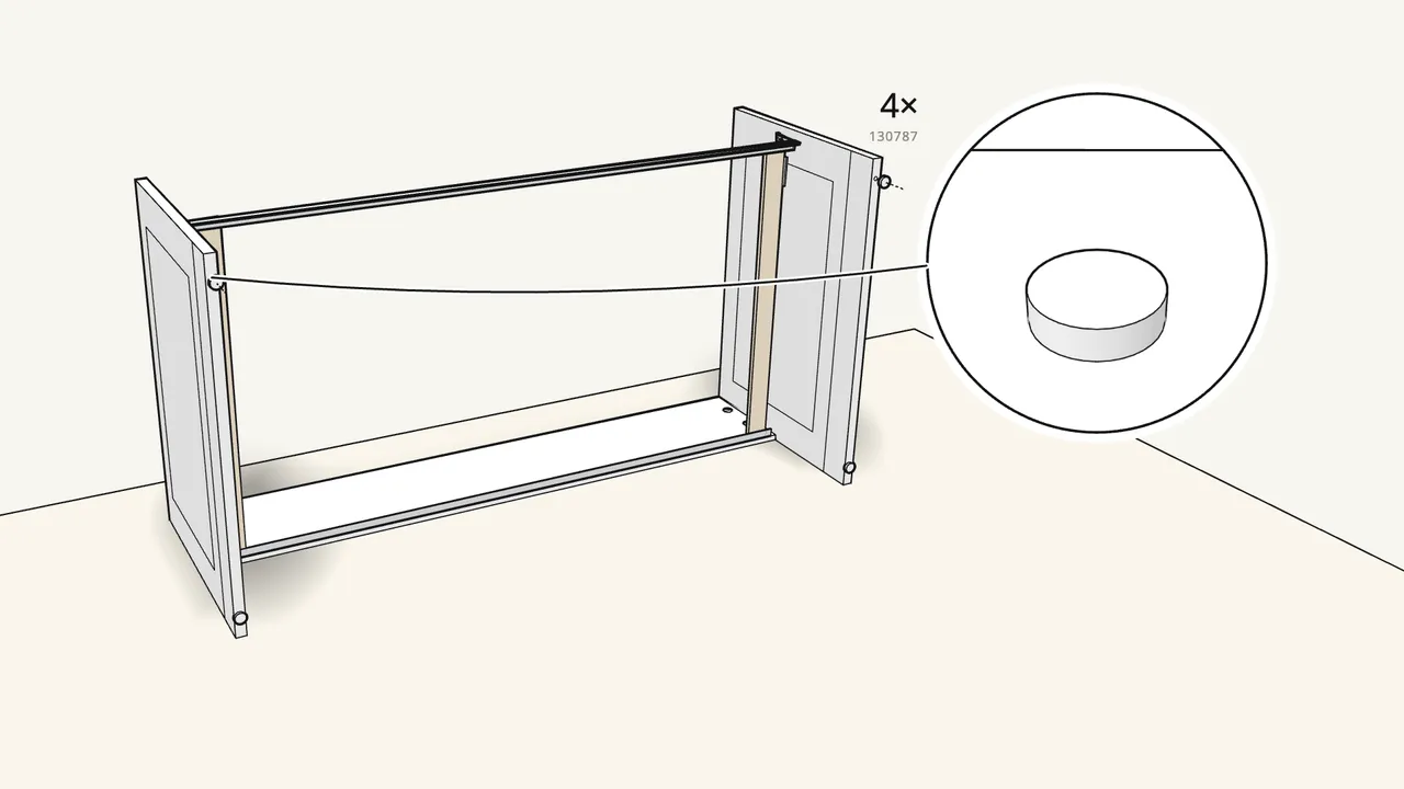 Step 18: Tap 4 glides (130787) into the end panels with the hammer. — IKEA BRIMNES assembly