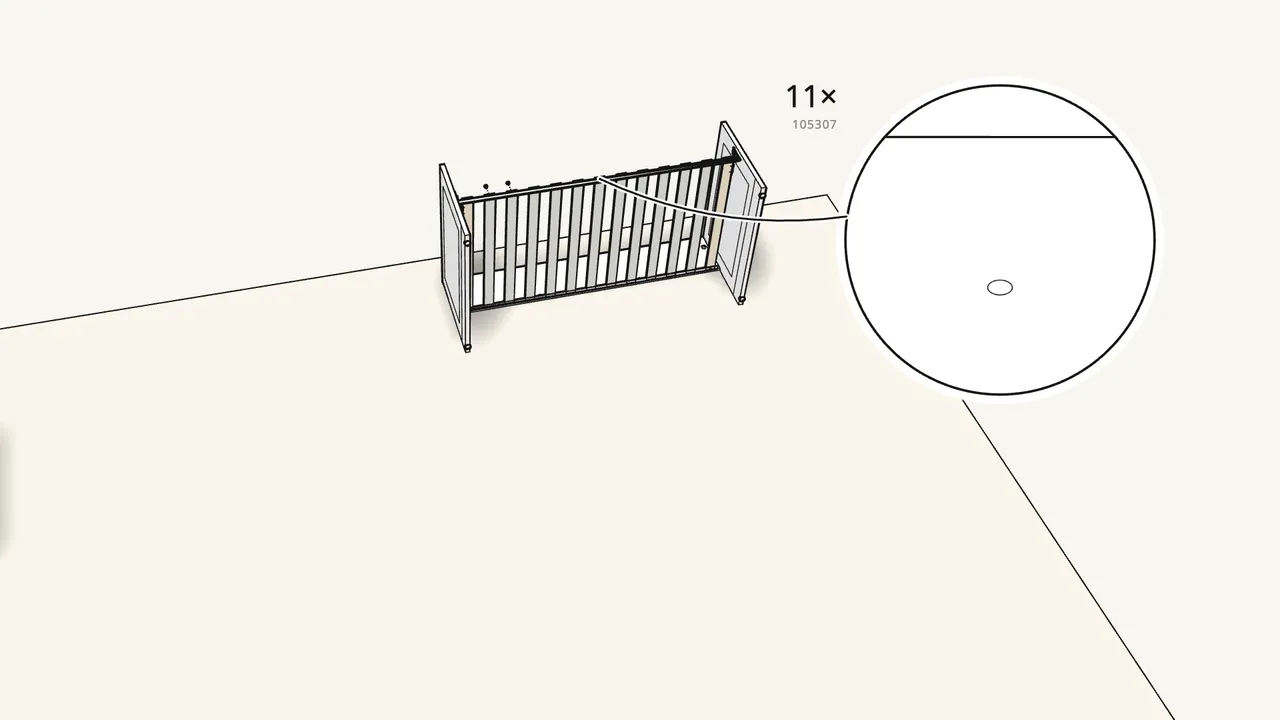 Step 19: Push a pin (110525) into 11 slats. Fit them, 11 screws (105307). — IKEA BRIMNES assembly
