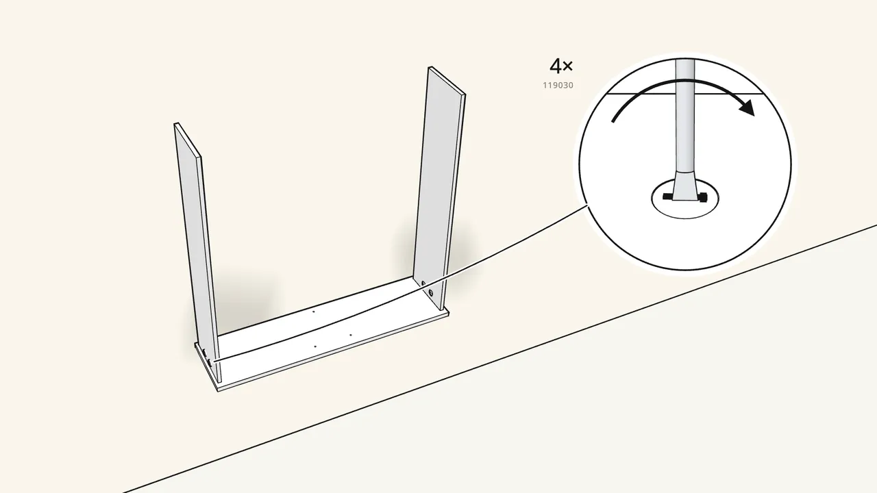 Step 23: Put the sides onto the front. Lock 4 cam locks (119030). — IKEA BRIMNES assembly