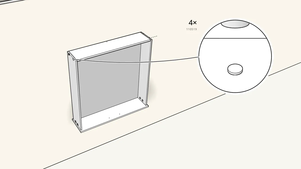 Step 25: Fit the back. Tap in 4 screw dowels (110519), add 1 screw (100359). — IKEA BRIMNES assembly