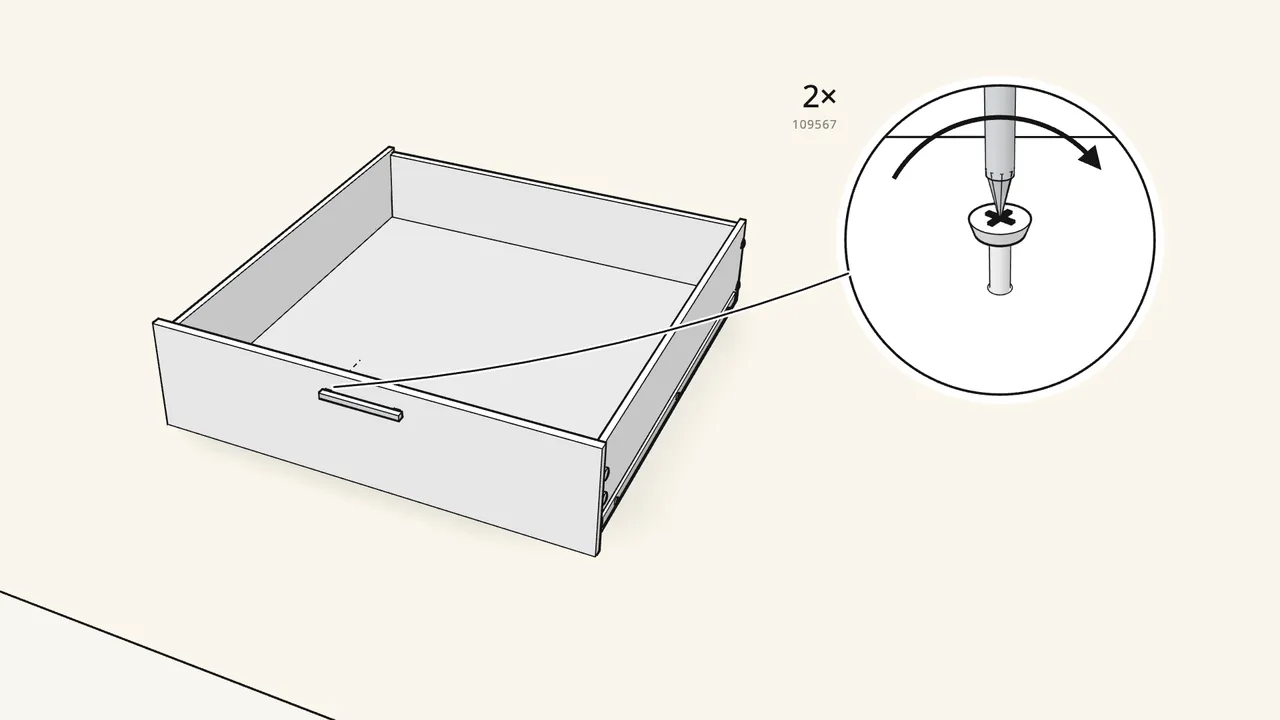 Step 27: Turn the drawer over. Fit the handle (124328) with 2 screws (109567). — IKEA BRIMNES assembly