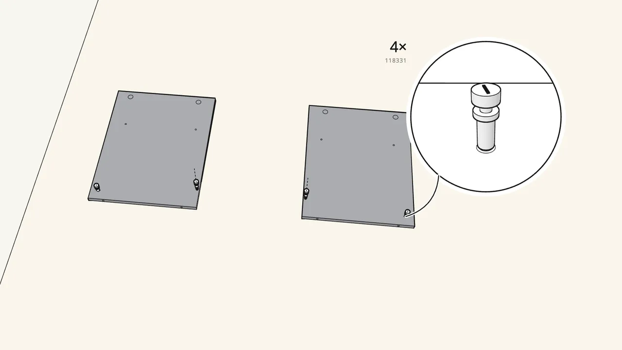 Step 1: Screw 4 cam bolts (118331) into the two side panels. — IKEA BRIMNES assembly