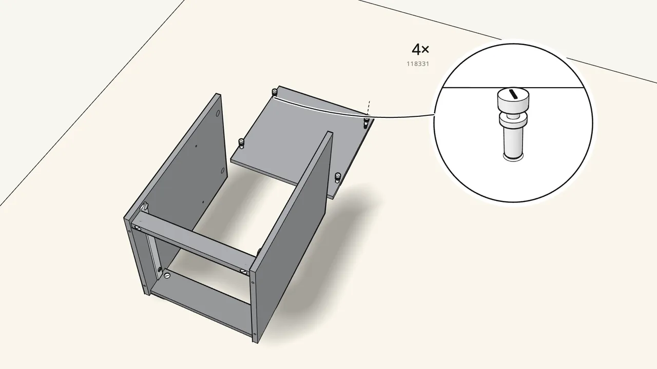 Step 7: Screw 4 cam bolts (118331) into the top panel. — IKEA BRIMNES assembly
