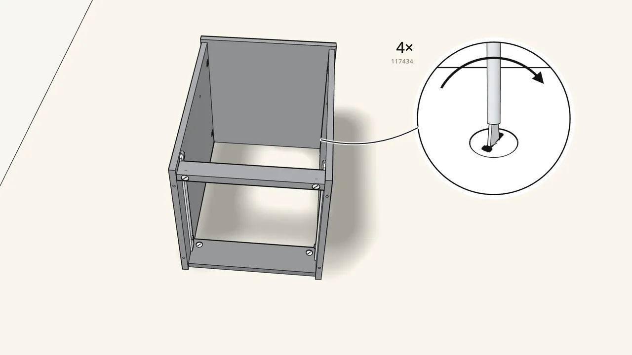 Step 9: Insert 4 cam locks (117434) and turn them clockwise. — IKEA BRIMNES assembly