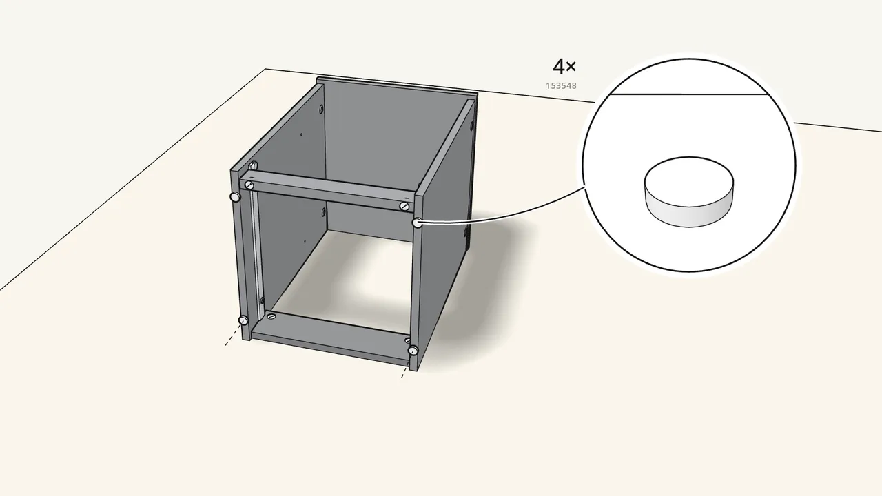 Step 10: Press 4 glides (153548) into the bottom edges of the sides. — IKEA BRIMNES assembly