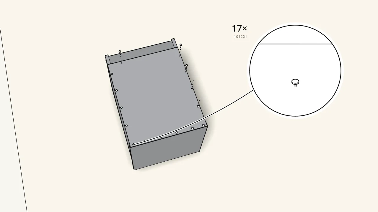 Step 12: Line up the back panel and nail it on with 17 nails (101221). — IKEA BRIMNES assembly