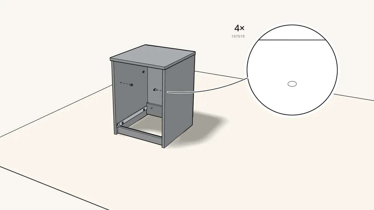 Step 13: Stand the nightstand up and push in 4 shelf supports (107519). — IKEA BRIMNES assembly