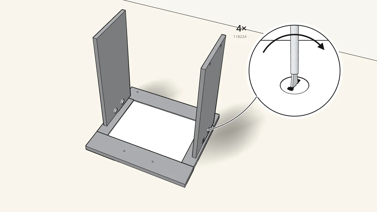 Step 19: Insert 4 cam locks (118224) and turn them clockwise. — IKEA BRIMNES assembly