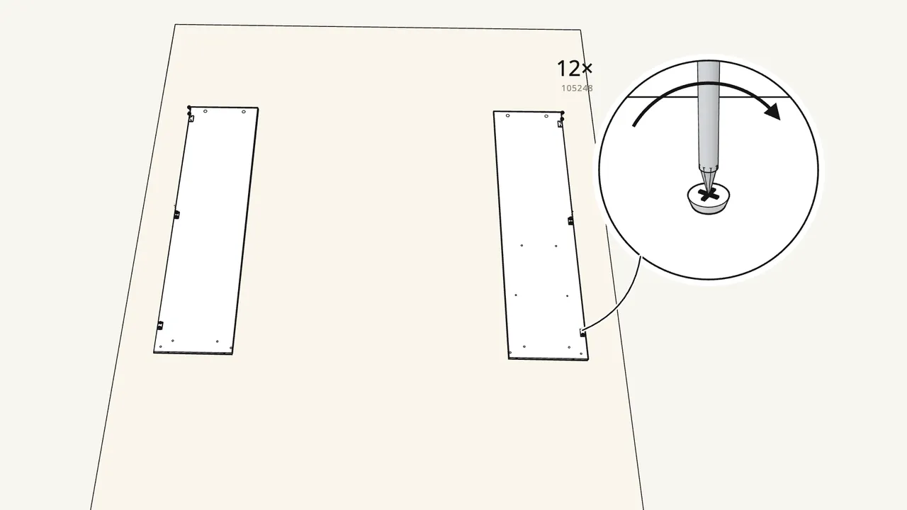 Step 1: Screw 3 hinge plates (109220) onto each side panel. — IKEA BRIMNES assembly