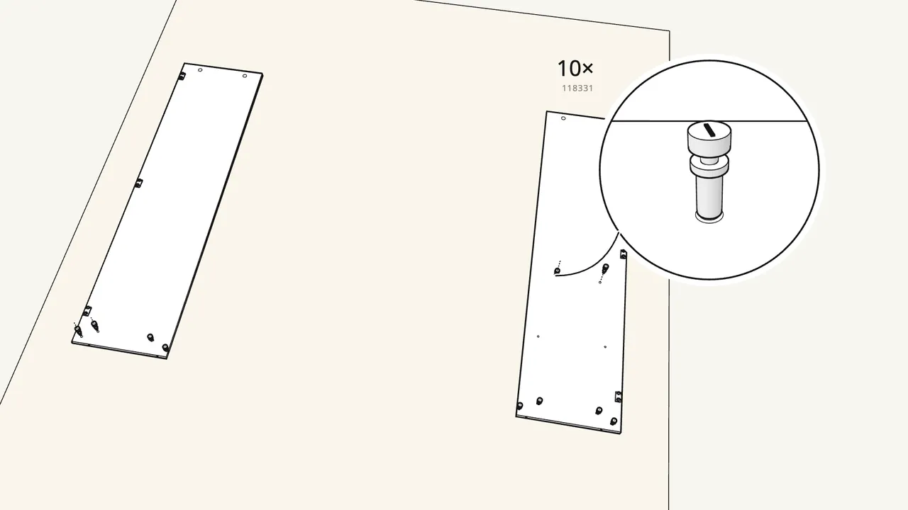 Step 2: Screw 10 cam bolts (118331) into the side panels by hand. — IKEA BRIMNES assembly