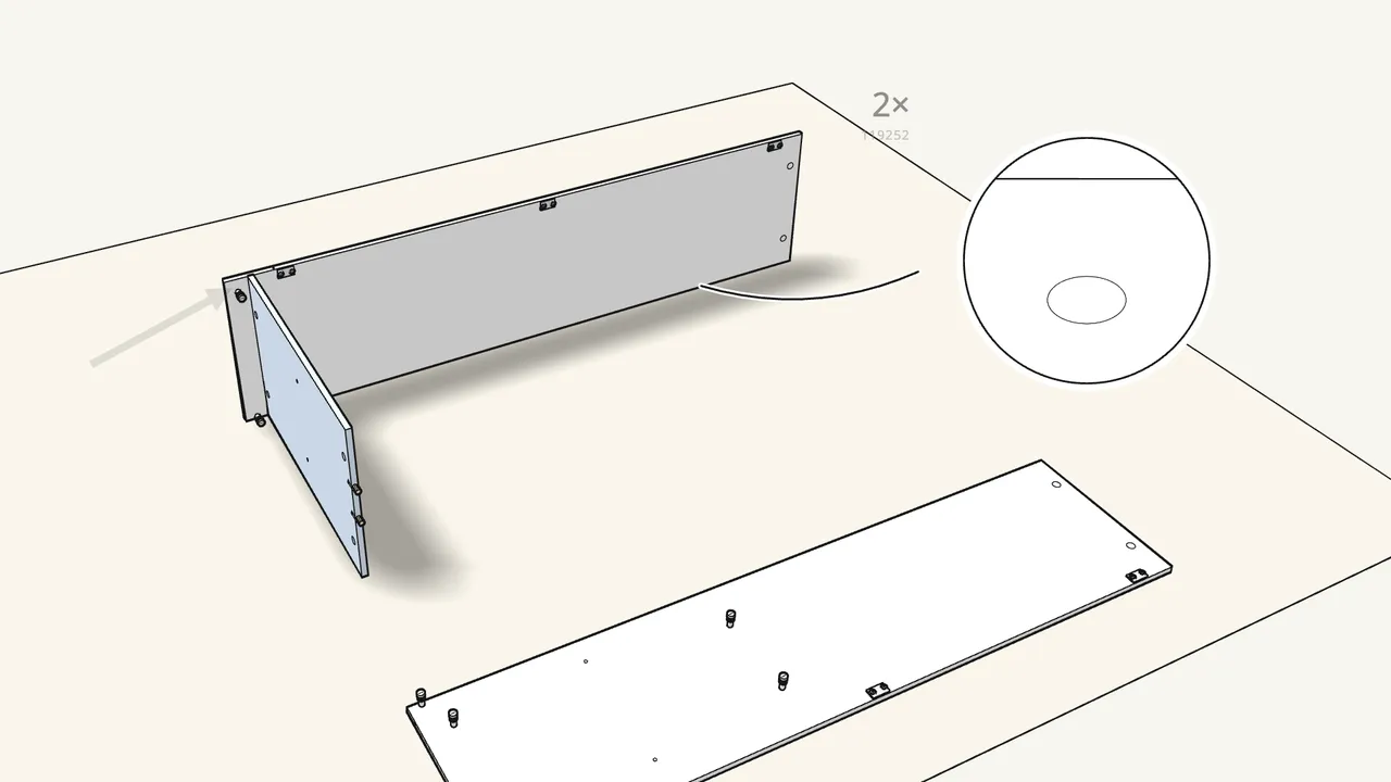 Step 3: Push 4 dowels into the bottom panel and fit it to the left side. — IKEA BRIMNES assembly