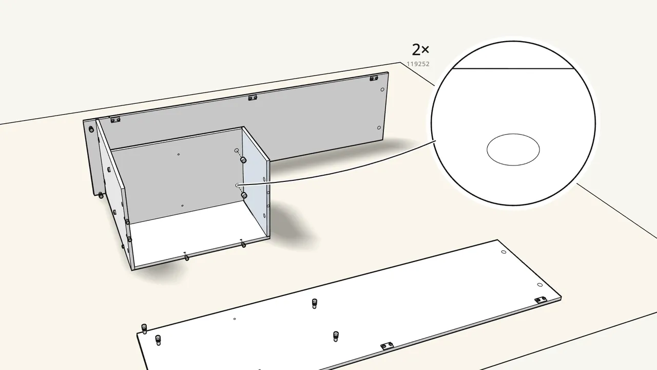 Step 7: Screw 2 cam bolts into the shelf and fit it onto the partition. — IKEA BRIMNES assembly