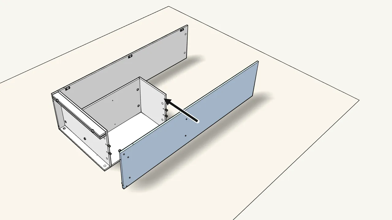Step 10: Push 2 dowels into the shelf, then fit the right side panel. — IKEA BRIMNES assembly
