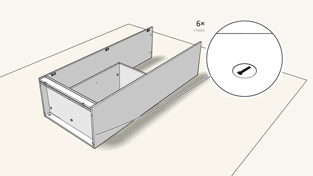Step 11: Insert 6 cam locks and turn them clockwise. Screw the plinth to the right side. — IKEA BRIMNES assembly