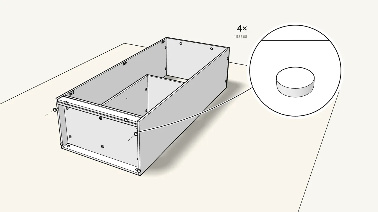 Step 14: Tap 4 feet (158568) into the bottom edges with a hammer. — IKEA BRIMNES assembly