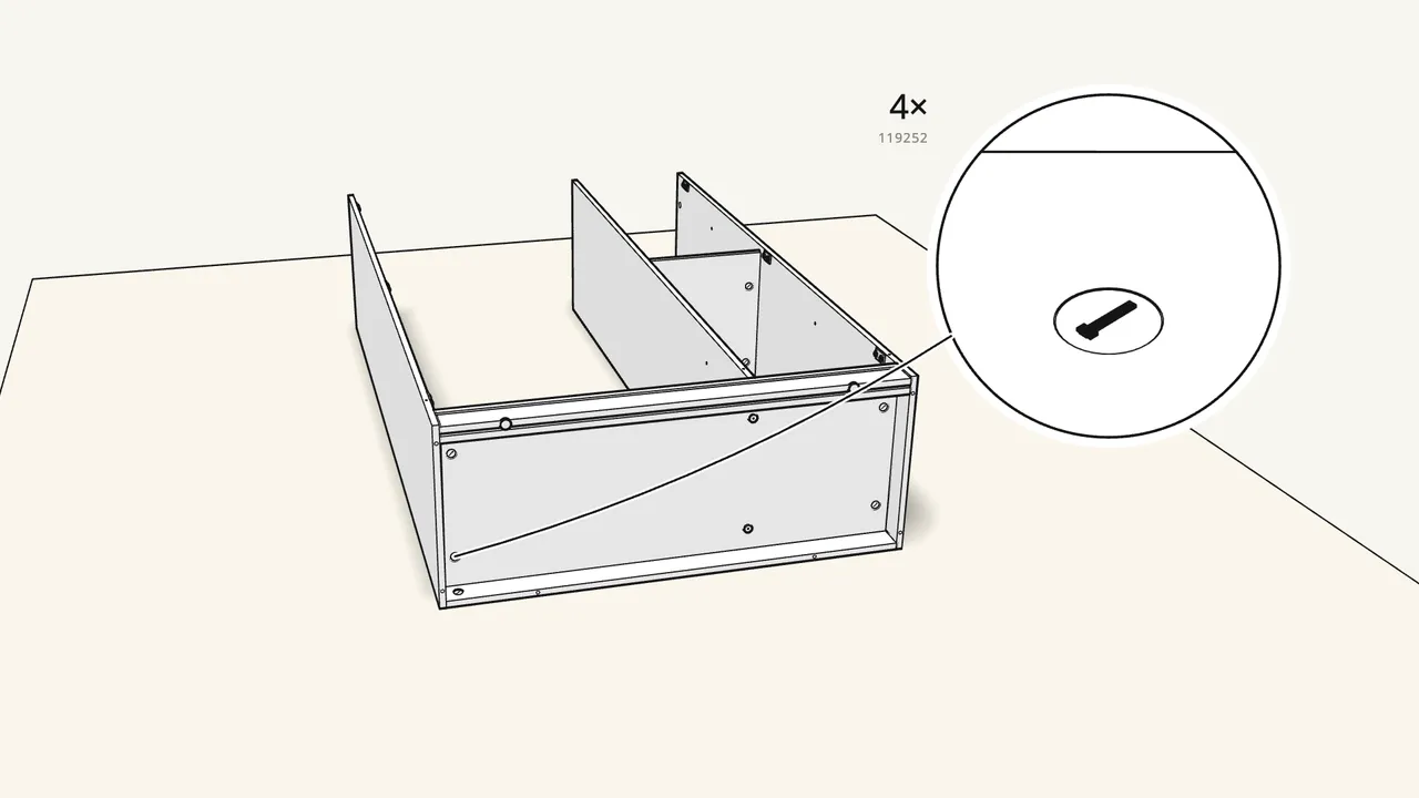 Step 9: Lock 4 cam locks, then screw the plinth to the left side. — IKEA BRIMNES assembly