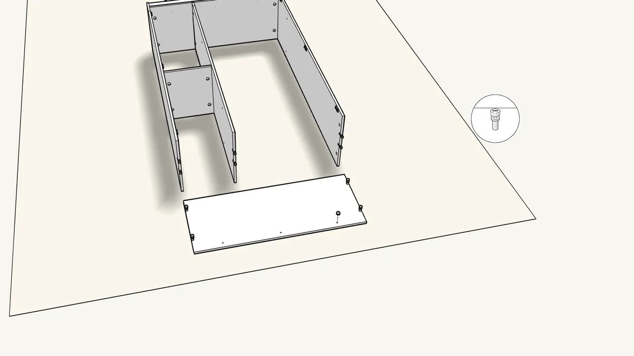 Step 11: Push in 6 dowels. Screw 4 cam bolts into the top panel. — IKEA BRIMNES assembly