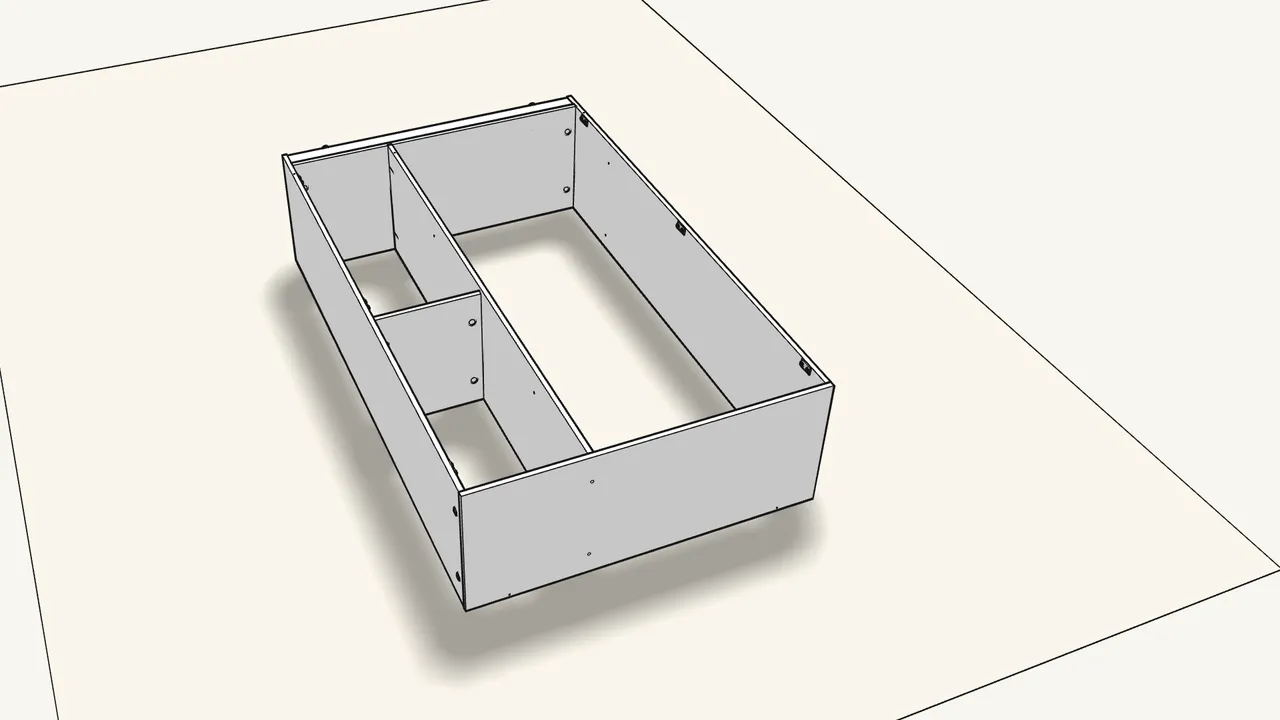 Step 12: Fit the top panel. Lock 4 cam locks and add 2 screws (100214). — IKEA BRIMNES assembly