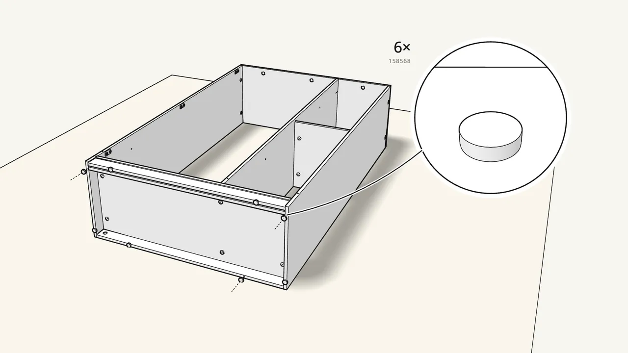 Step 13: Tap 6 feet (158568) into the bottom edges with a hammer. — IKEA BRIMNES assembly