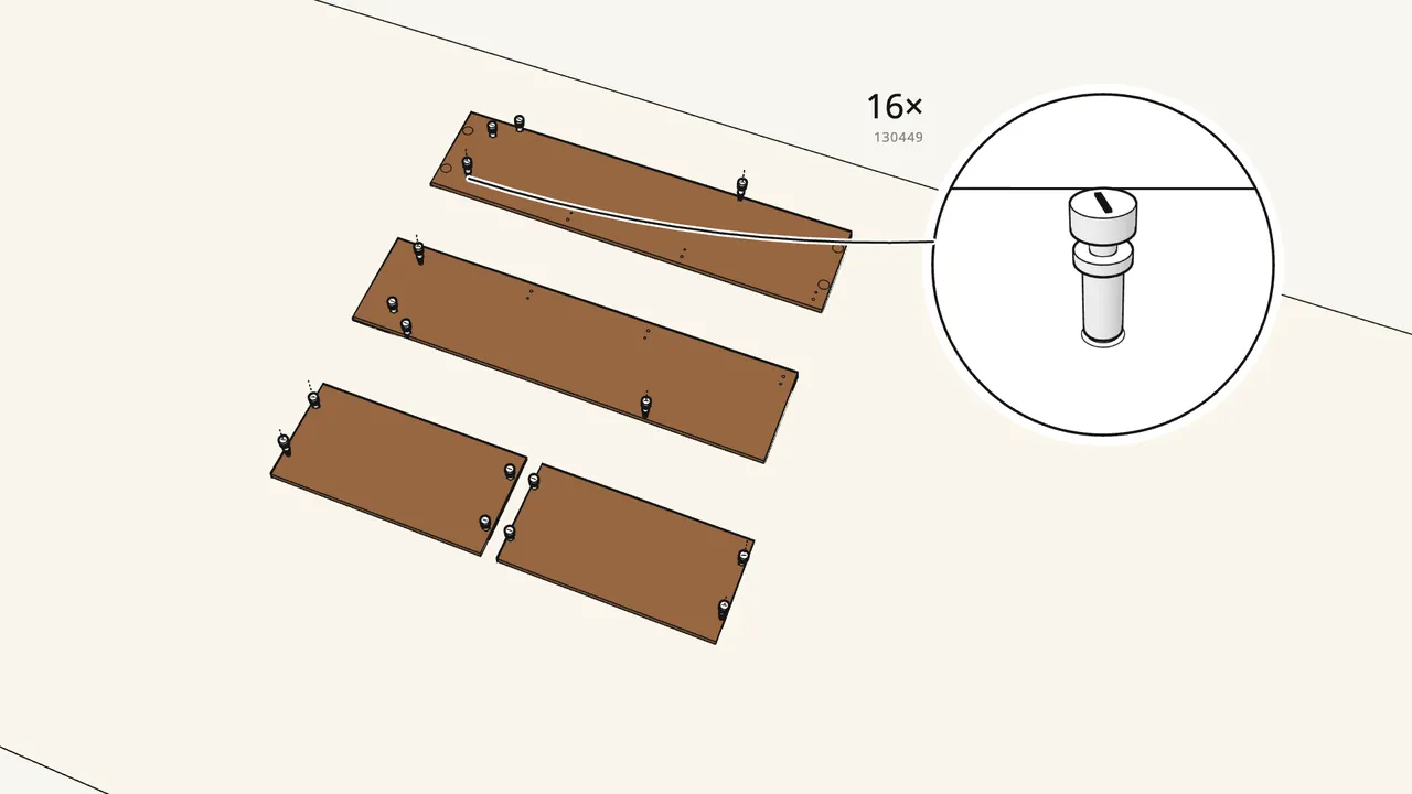 Step 1: Screw 16 cam bolts (130449) into the panels. — IKEA BRUSALI assembly