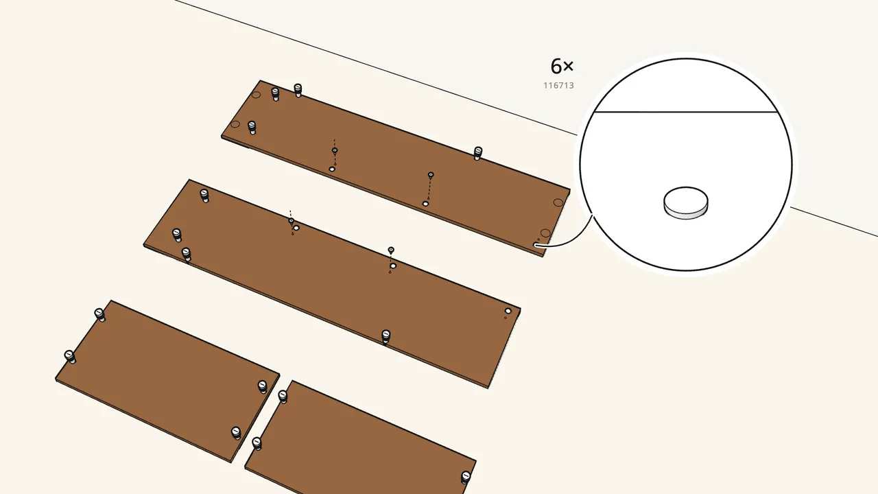 Step 2: Tap 6 pivot pins (116713) into the side panels. — IKEA BRUSALI assembly
