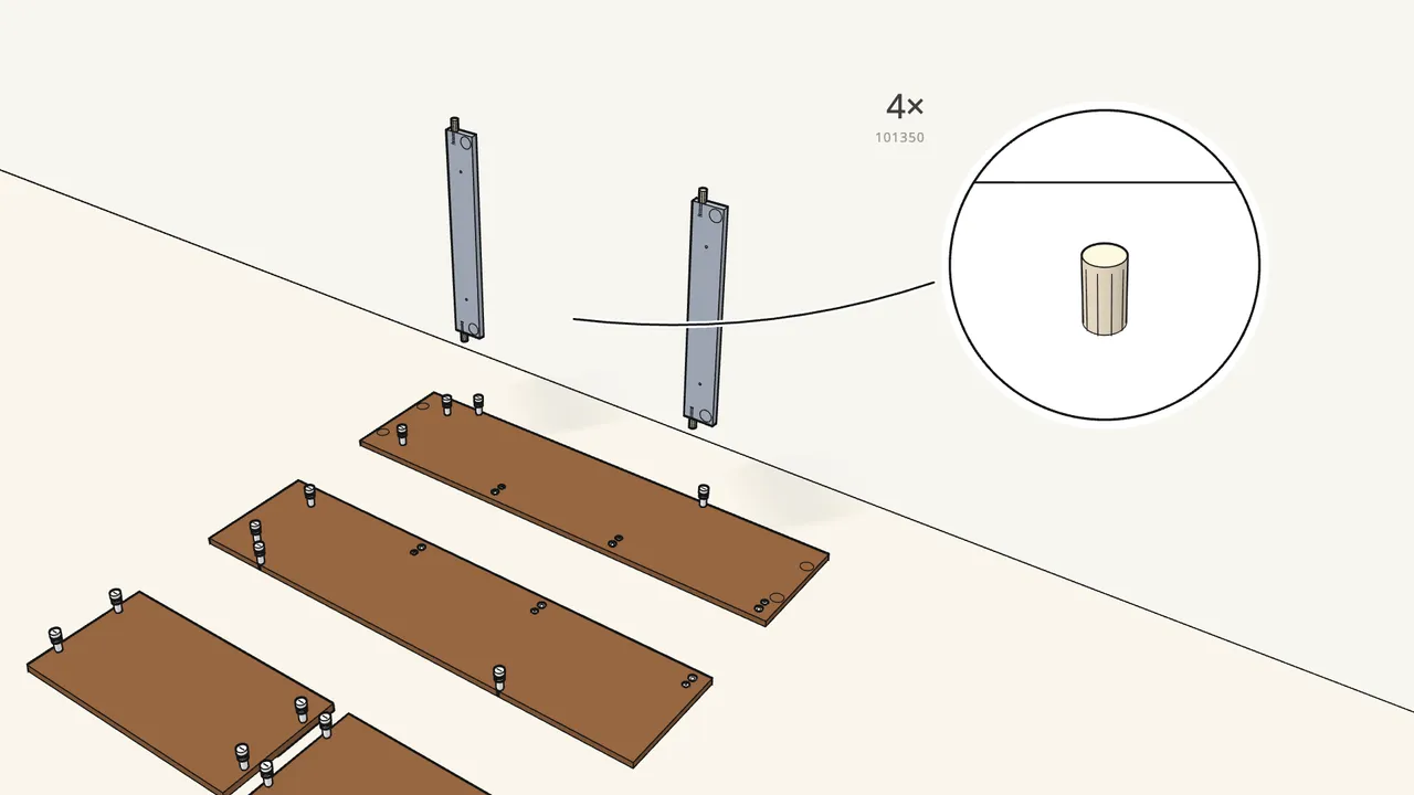 Step 3: Push 4 dowels (101350) into the rails and set them on the side. — IKEA BRUSALI assembly