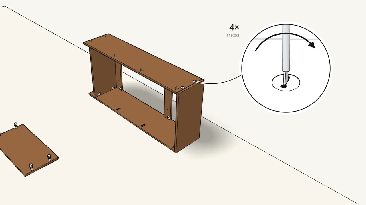 Step 8: Fit the bottom panel and lock it with 4 cam locks. — IKEA BRUSALI assembly