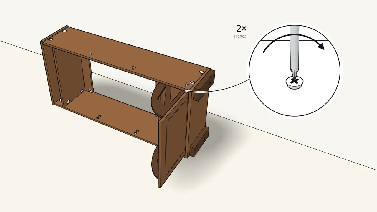 Step 18: Fix each bushing with a screw 112792 — by hand, no power drill. — IKEA BRUSALI assembly