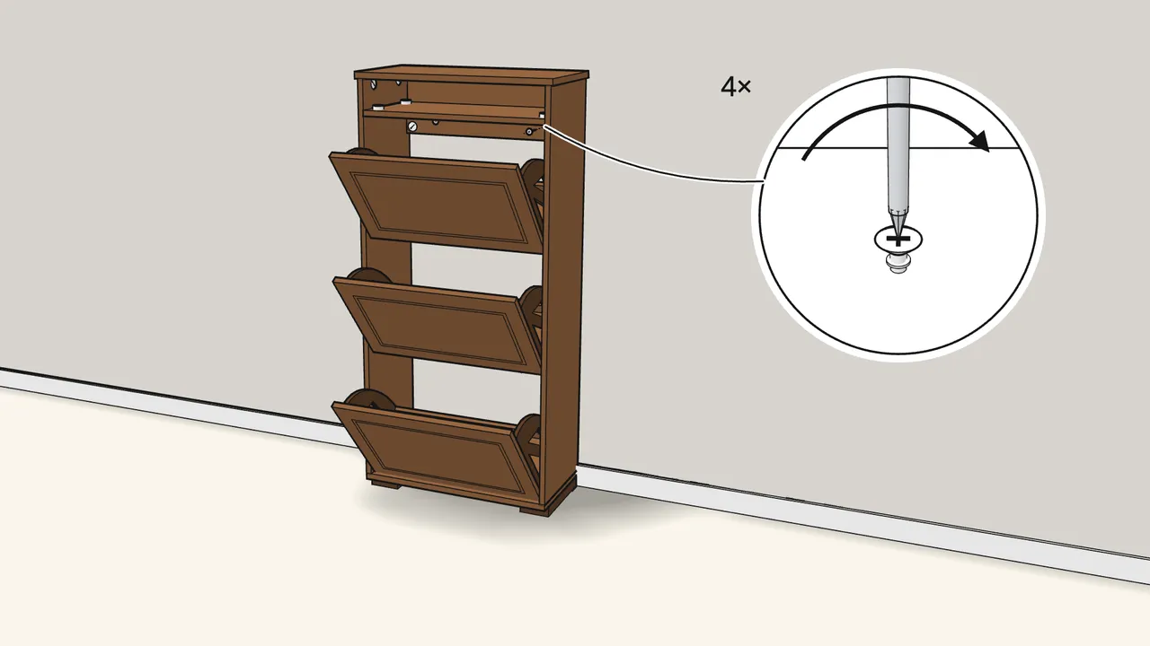 Step 21: Open the doors and screw the rails to the wall — 4 screws. — IKEA BRUSALI assembly