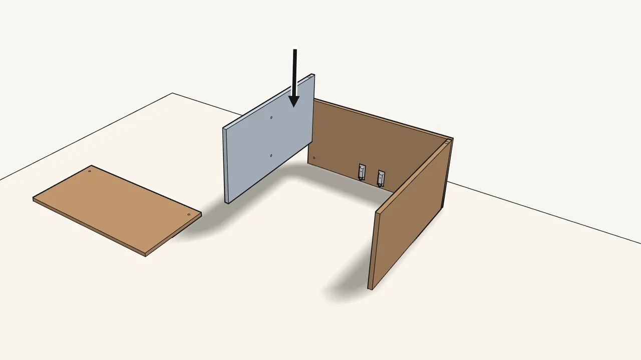 Step 3: Stand the top panel on edge and slide the side panels down onto it. — IKEA EKET assembly