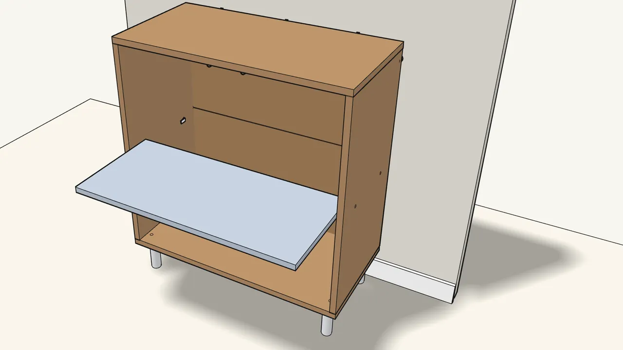Step 13: Push in 4 shelf pins (131372) and lay the shelf on them. — IKEA EKET assembly