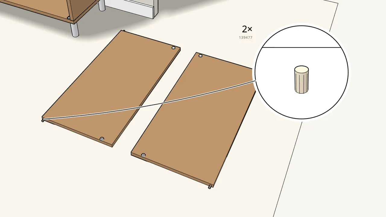 Step 16: Push the hinge pins into each door: 139477 on top, 133127 below. — IKEA EKET assembly