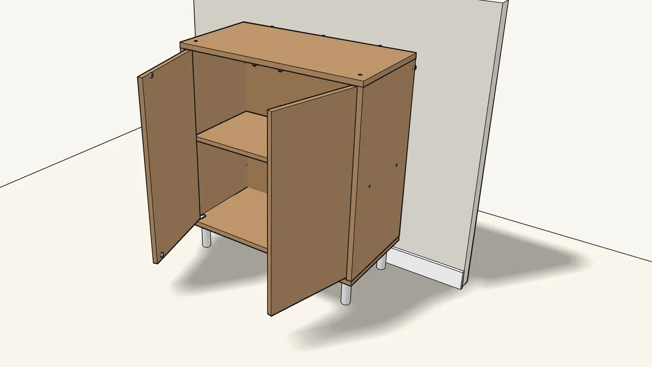 Step 17: Set each door onto its lower hinge arm, then click the top arm over the pin. — IKEA EKET assembly