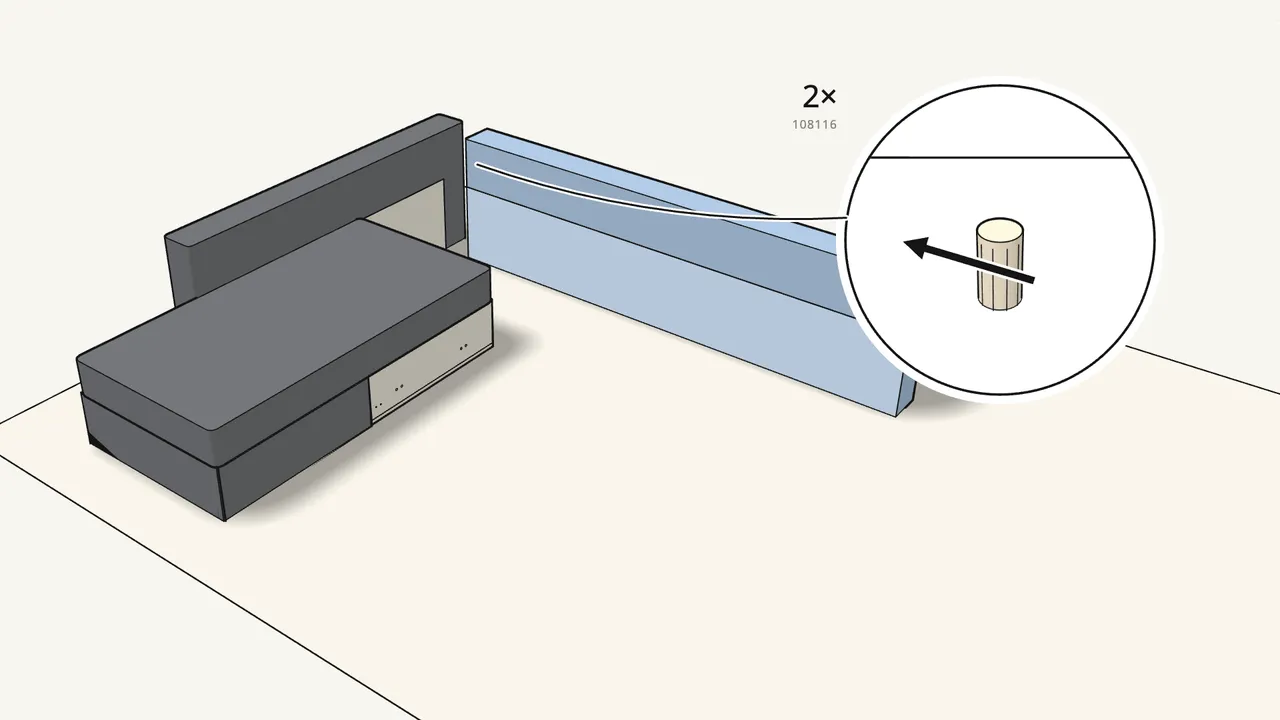 Step 4: Join the two backrest parts with 2 dowels (108116). — IKEA FRIHETEN assembly