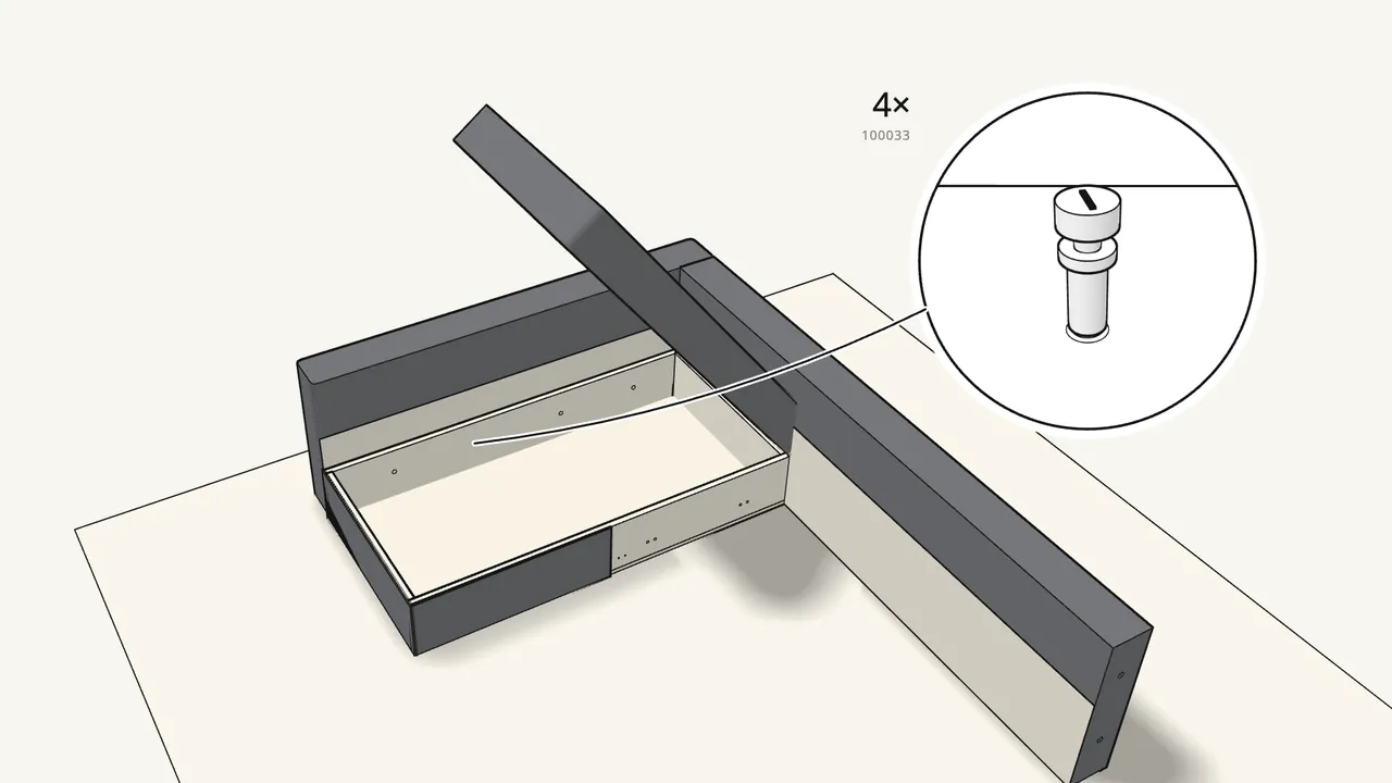 Step 6: Screw 4 threaded rods (100033) into 4 sleeves (104864). — IKEA FRIHETEN assembly