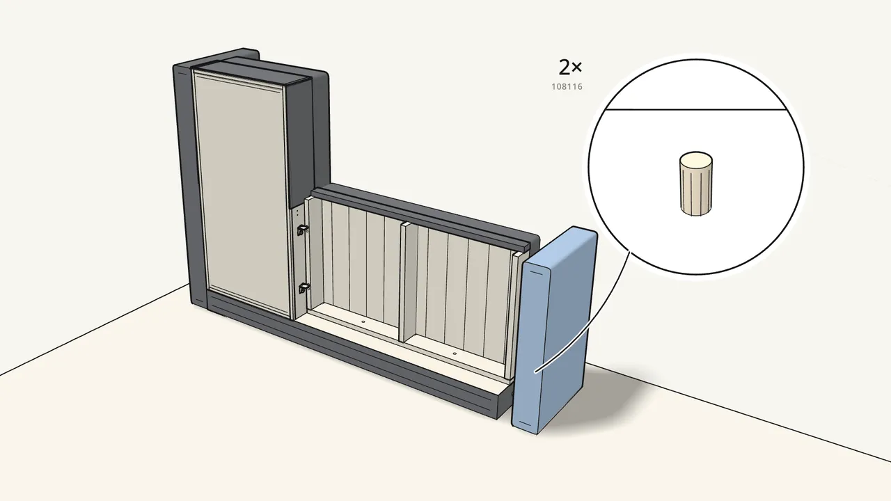 Step 12: Fit the armrest on 2 dowels (108116). — IKEA FRIHETEN assembly