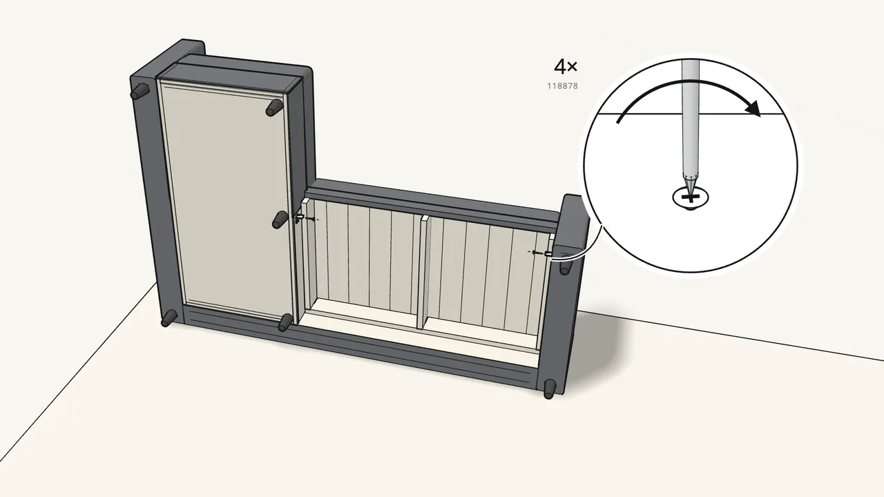 Step 16: Screw a hook (128857) to the chaise and to the armrest. — IKEA FRIHETEN assembly