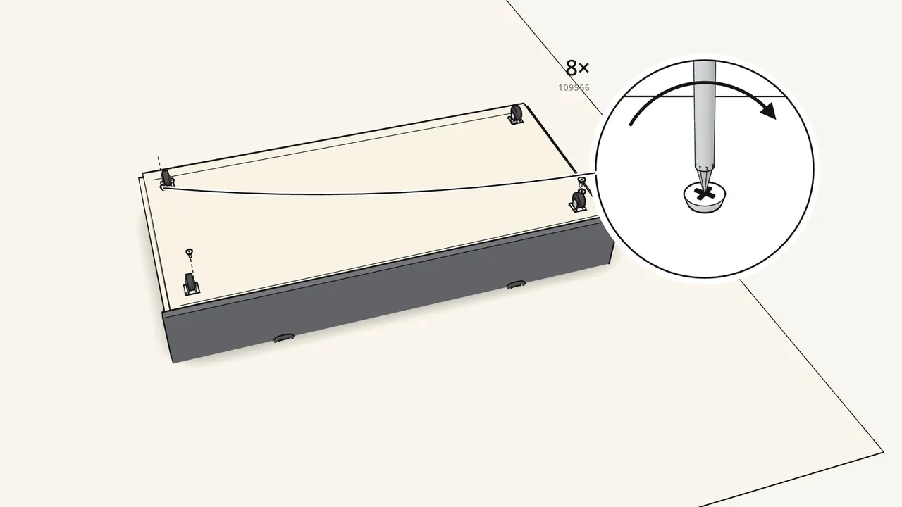 Step 17: Turn the bed base upside down and fit the 4 castors (111401). — IKEA FRIHETEN assembly