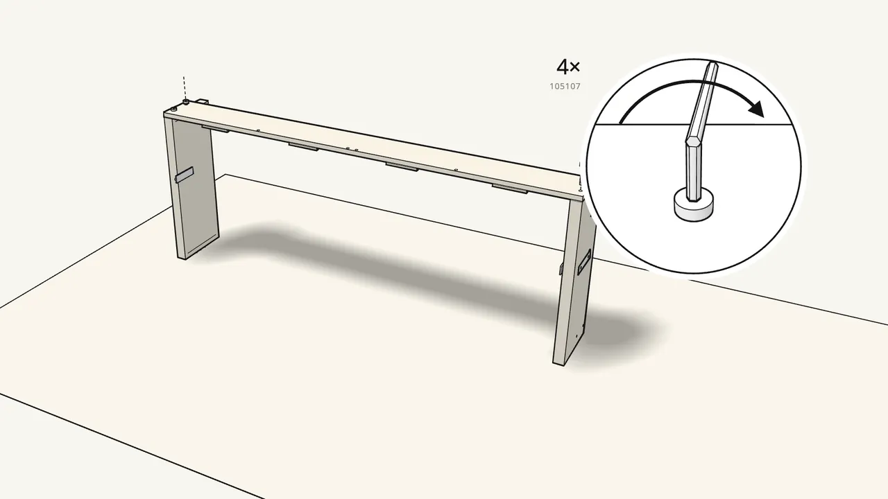 Step 2: Lay the rail on top and fix it with 4 bolts (105107). — IKEA FRIHETEN assembly